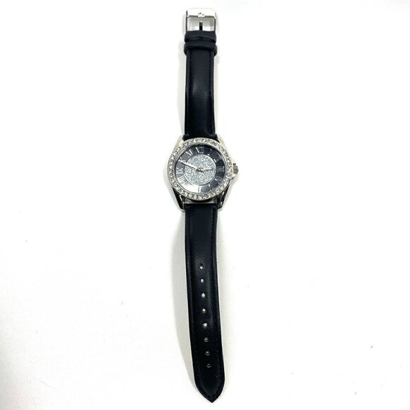 Kessaris Crystal Studded Analog Watch Black/silver Stainless Steel Faux Leather - Picture 3 of 8